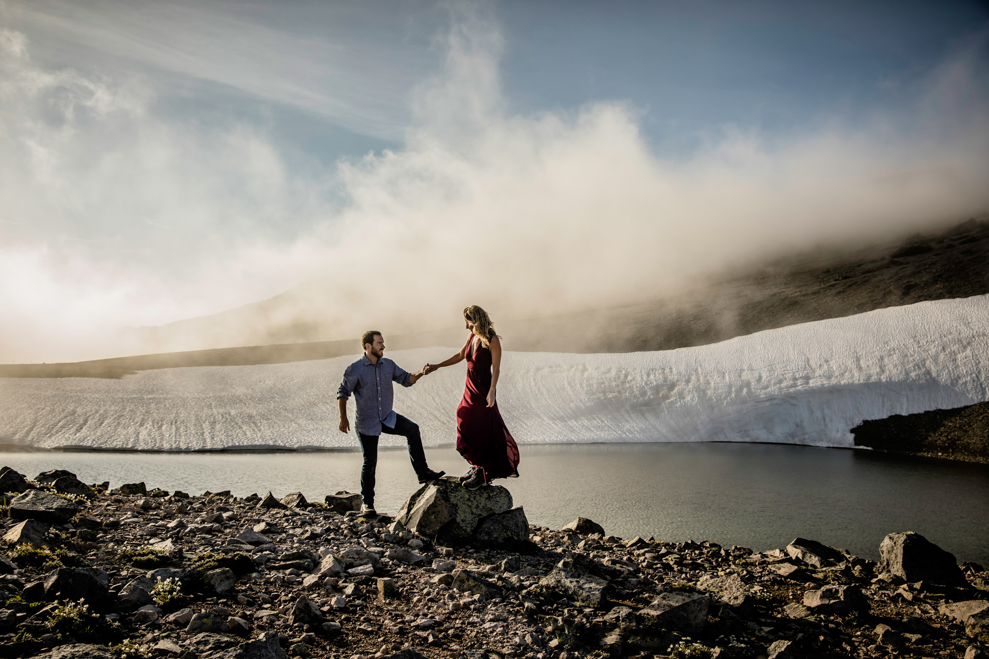 Adventure engagement session at Mount Rainier by Seattle wedding photographer James Thomas Long Photography