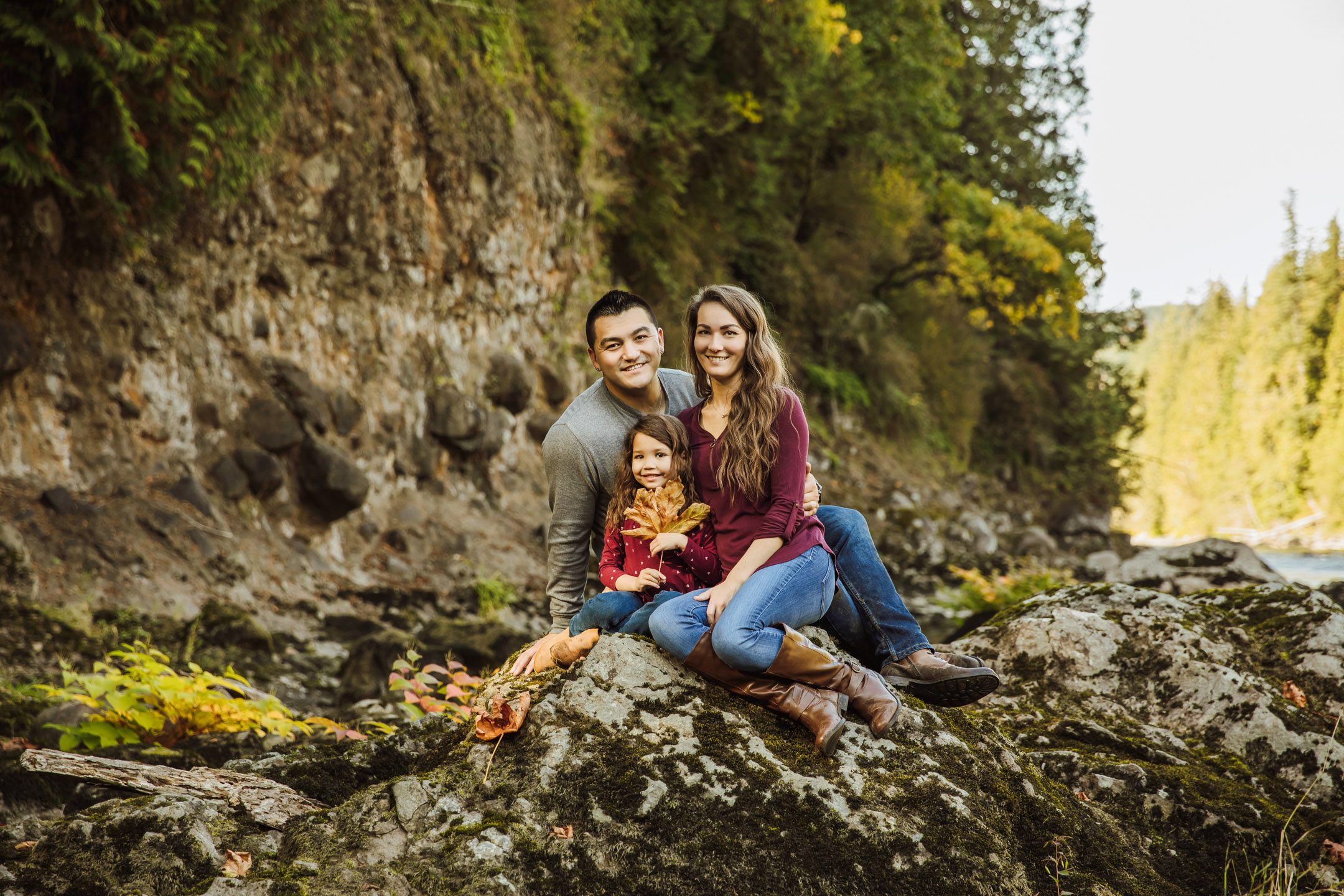 Family of three photography session at Snoqualmie Falls by James Thomas Long Photography