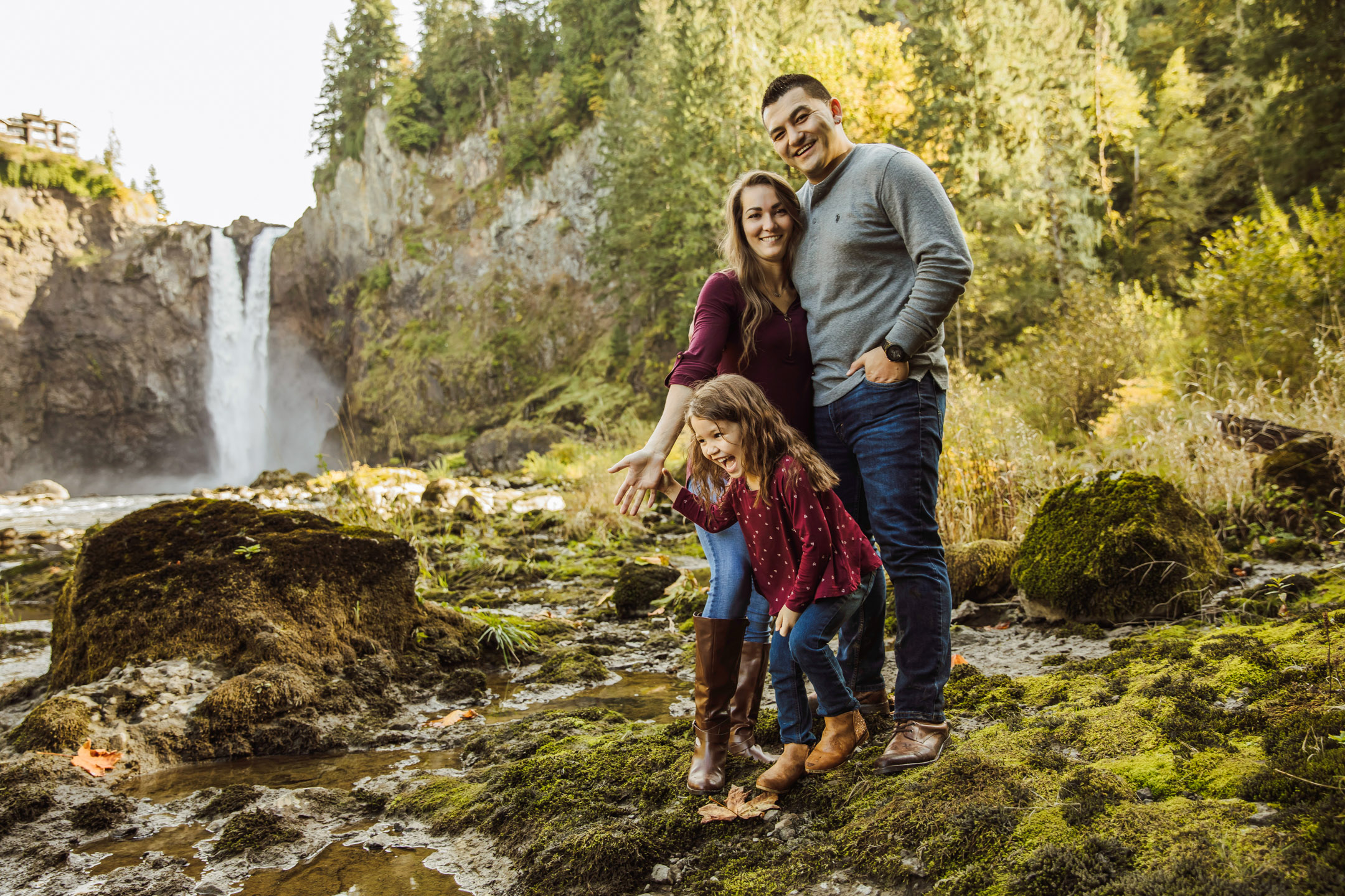 Family of three photography session at Snoqualmie Falls by James Thomas Long Photography