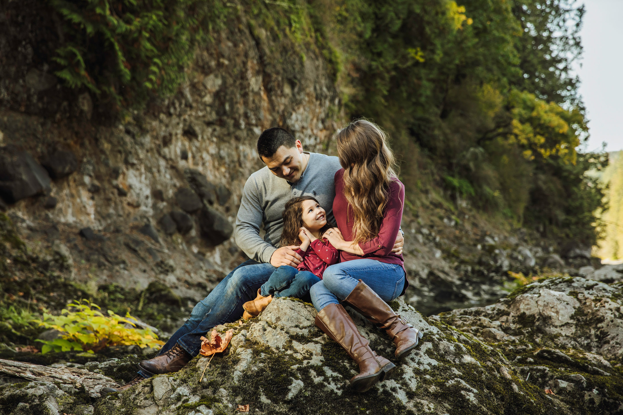 Family of three photography session at Snoqualmie Falls by James Thomas Long Photography