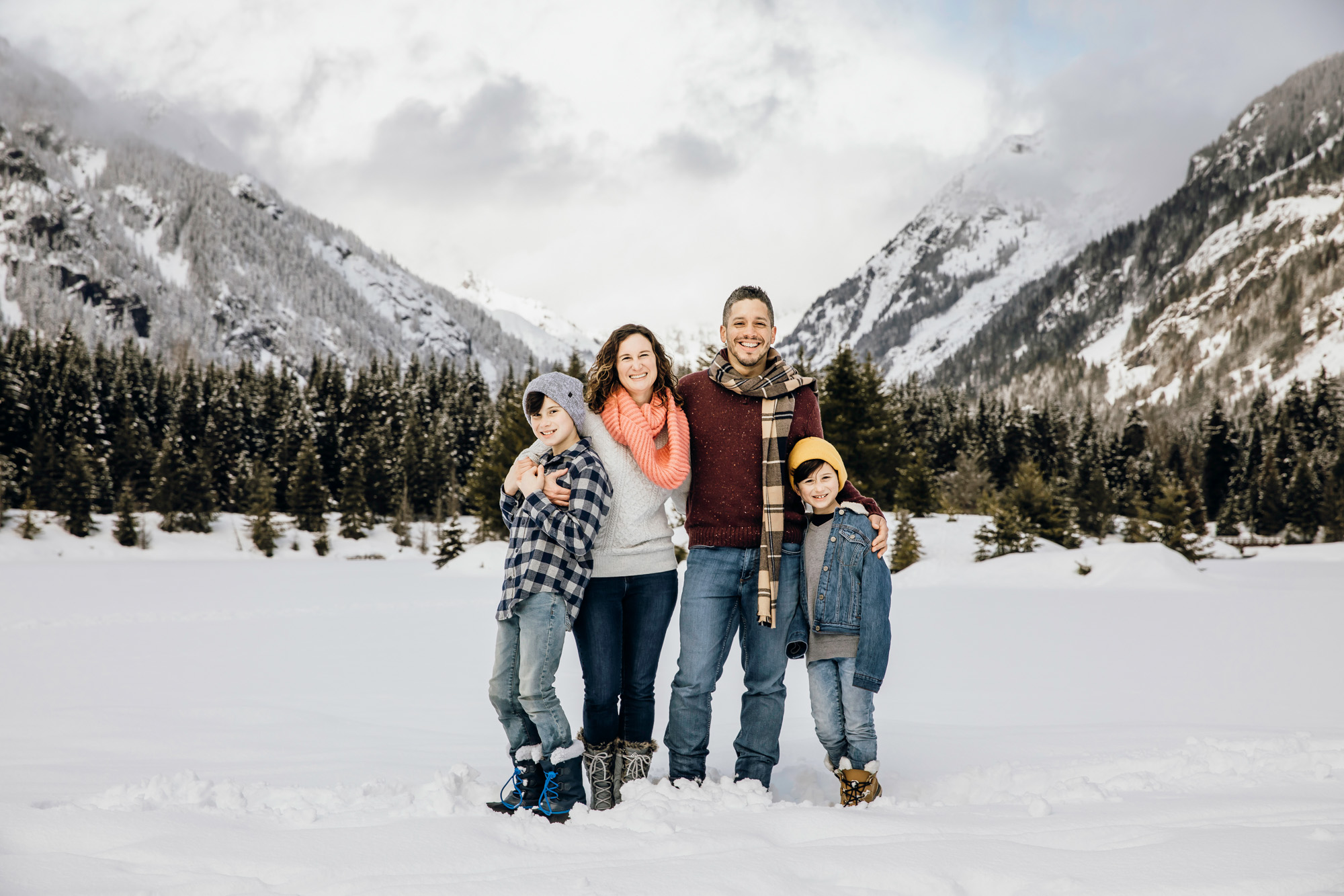 Snoqualmie Pass family of four session in the snow by Seattle family photographer James Thomas Long Photography