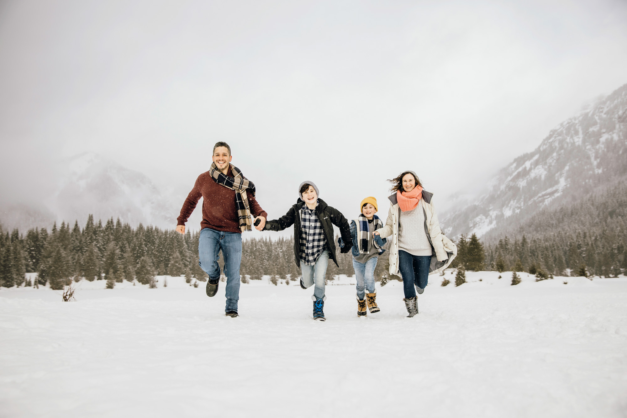 Snoqualmie Pass family of four session in the snow by Seattle family photographer James Thomas Long Photography