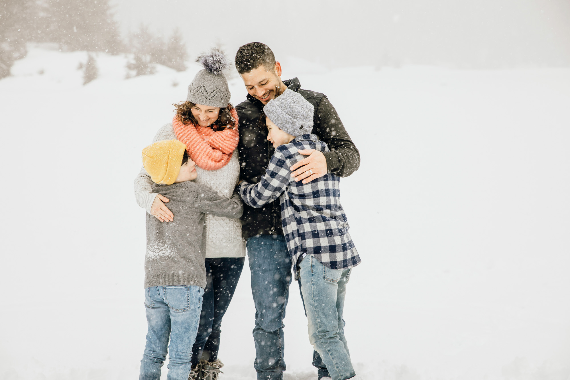 Snoqualmie Pass family of four session in the snow by Seattle family photographer James Thomas Long Photography