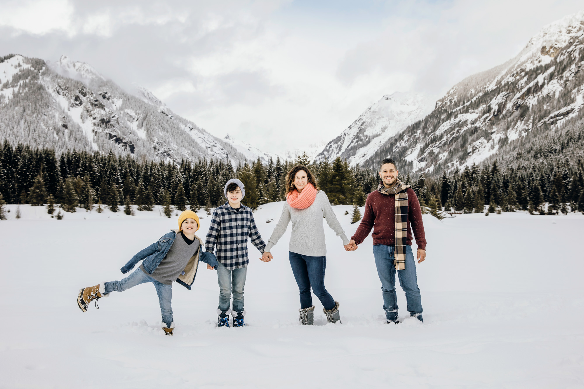 Snoqualmie Pass family of four session in the snow by Seattle family photographer James Thomas Long Photography