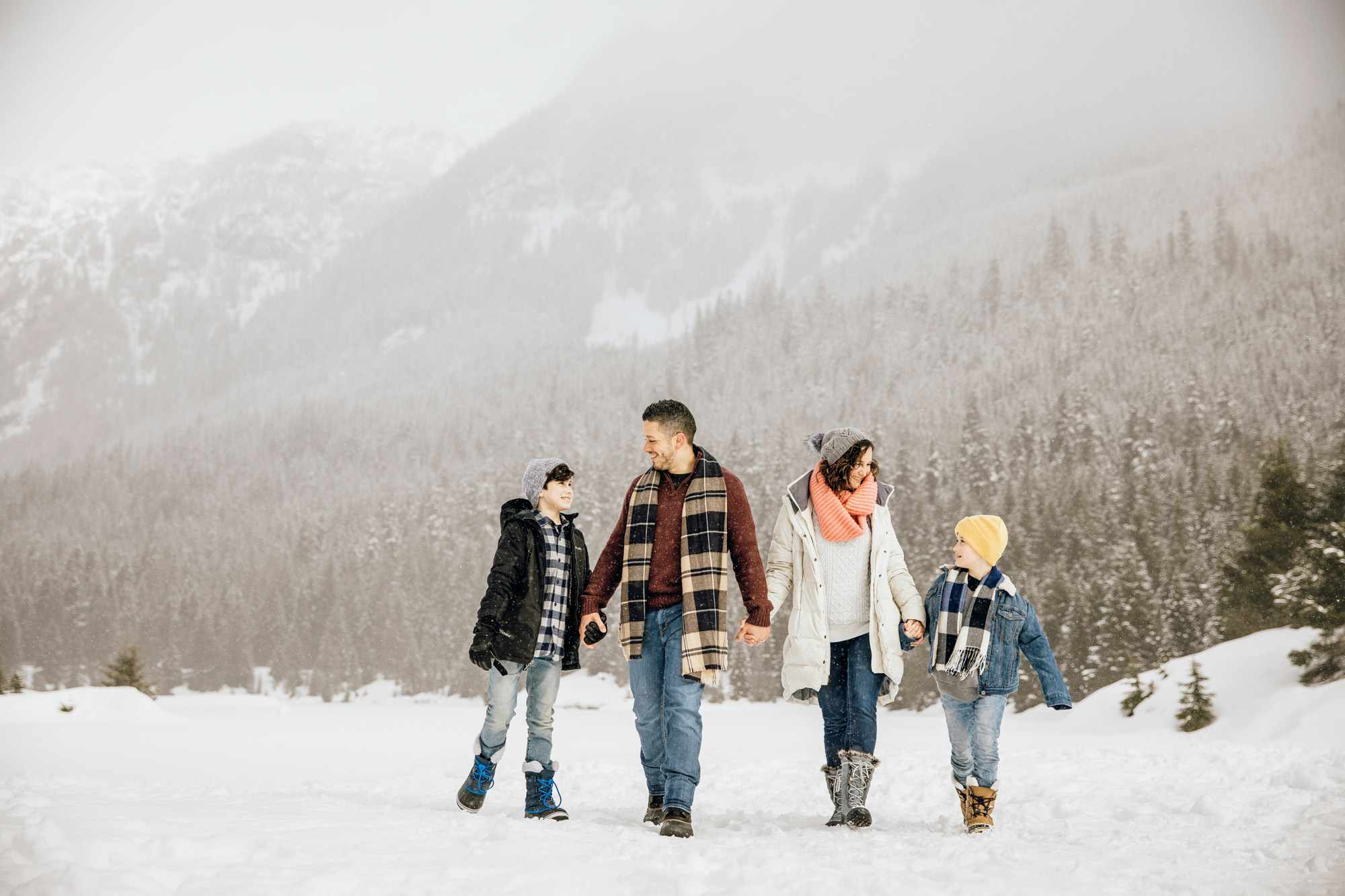 Snoqualmie Pass family of four session in the snow by Seattle family photographer James Thomas Long Photography