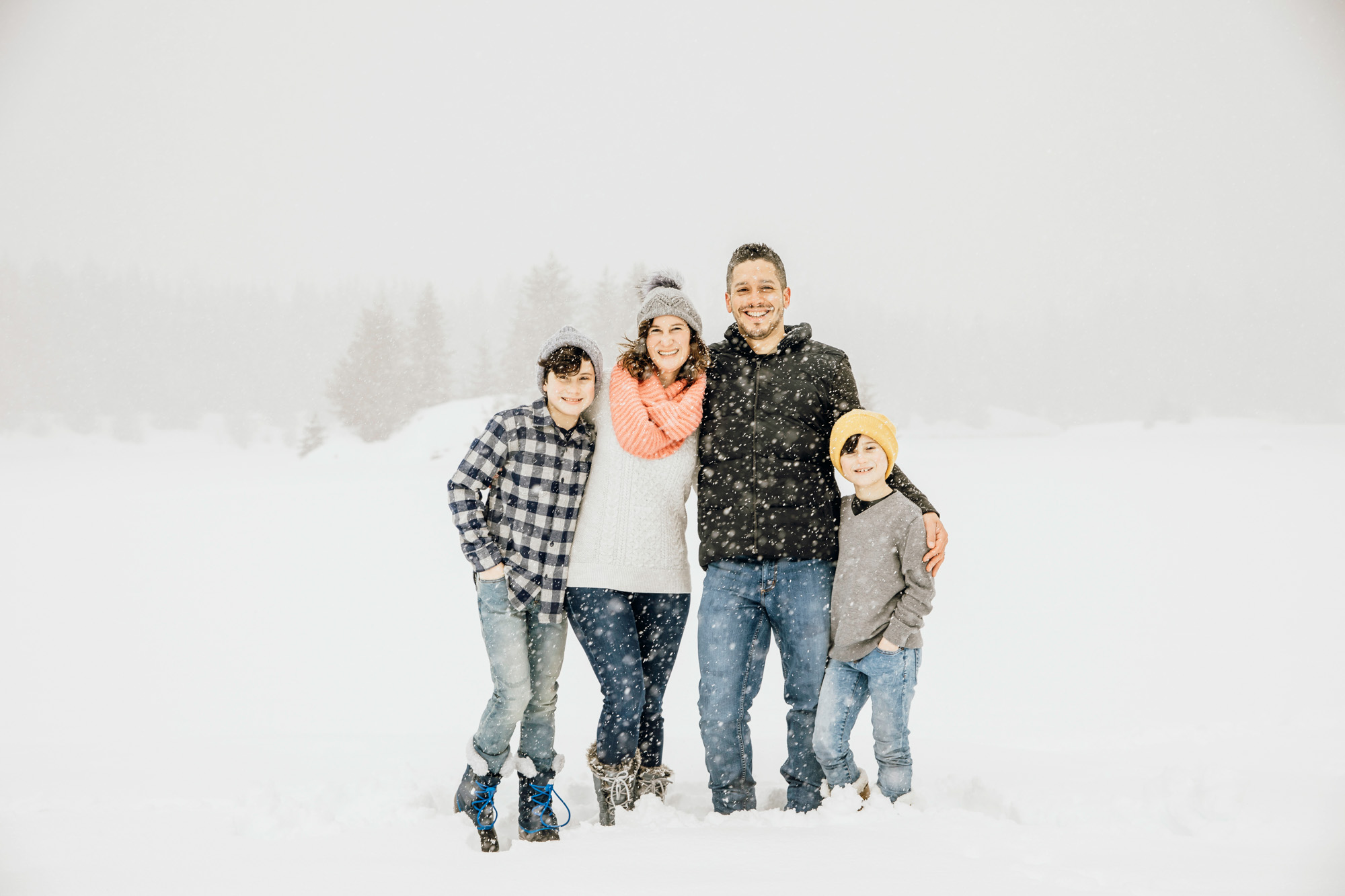 Snoqualmie Pass family of four session in the snow by Seattle family photographer James Thomas Long Photography