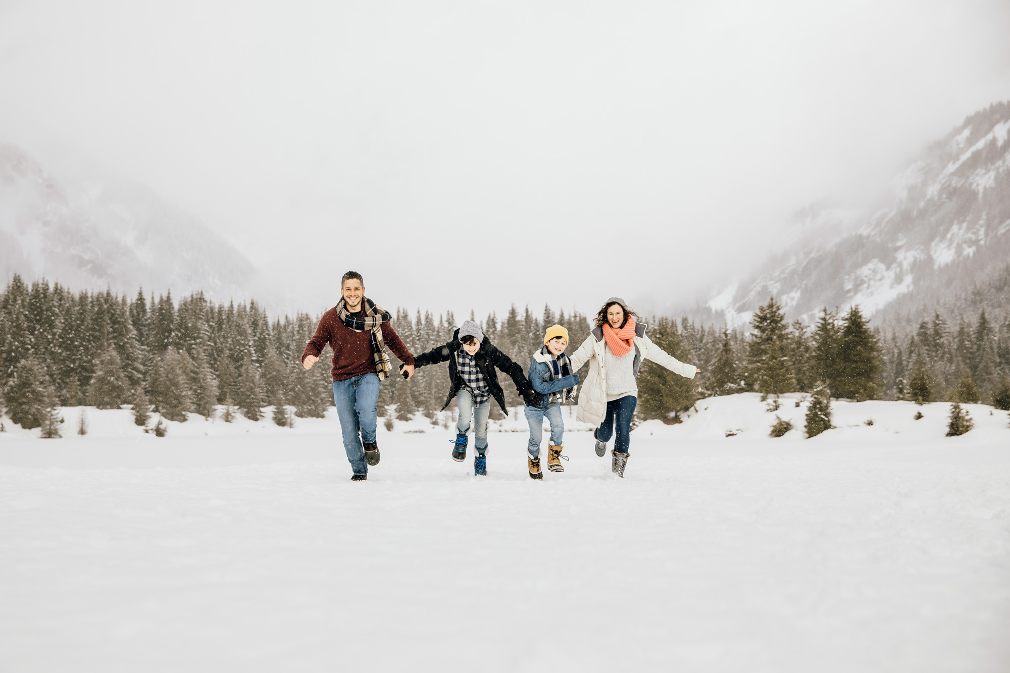 Snoqualmie Pass family of four session in the snow by Seattle family photographer James Thomas Long Photography