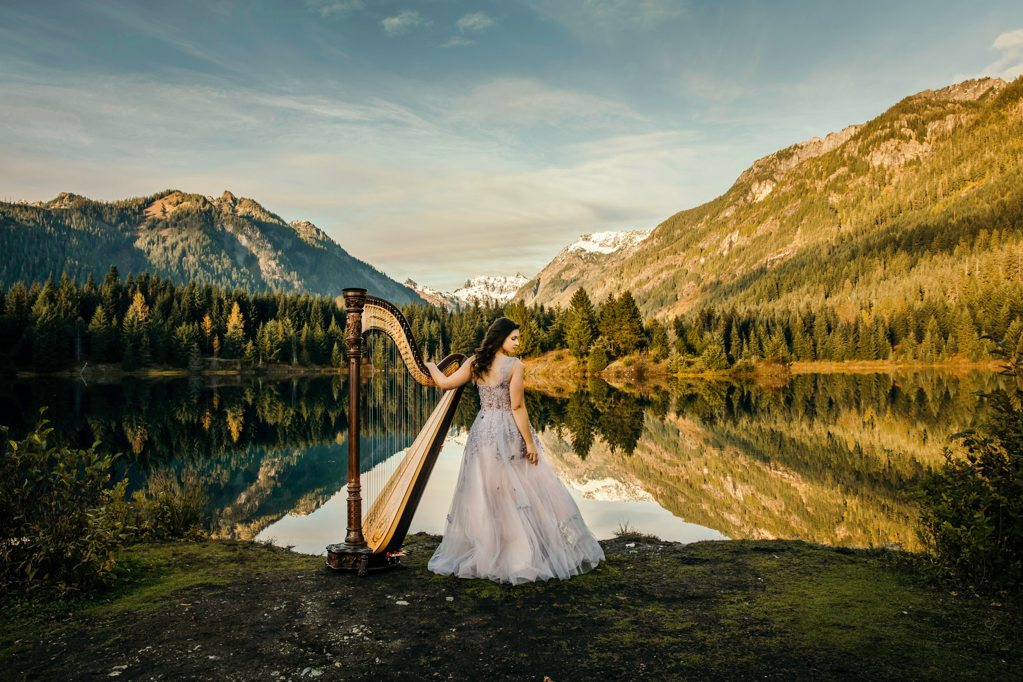 Portrait of a harpist in the Cascade Mountains by Seattle portrait photographer James Thomas Long Photography