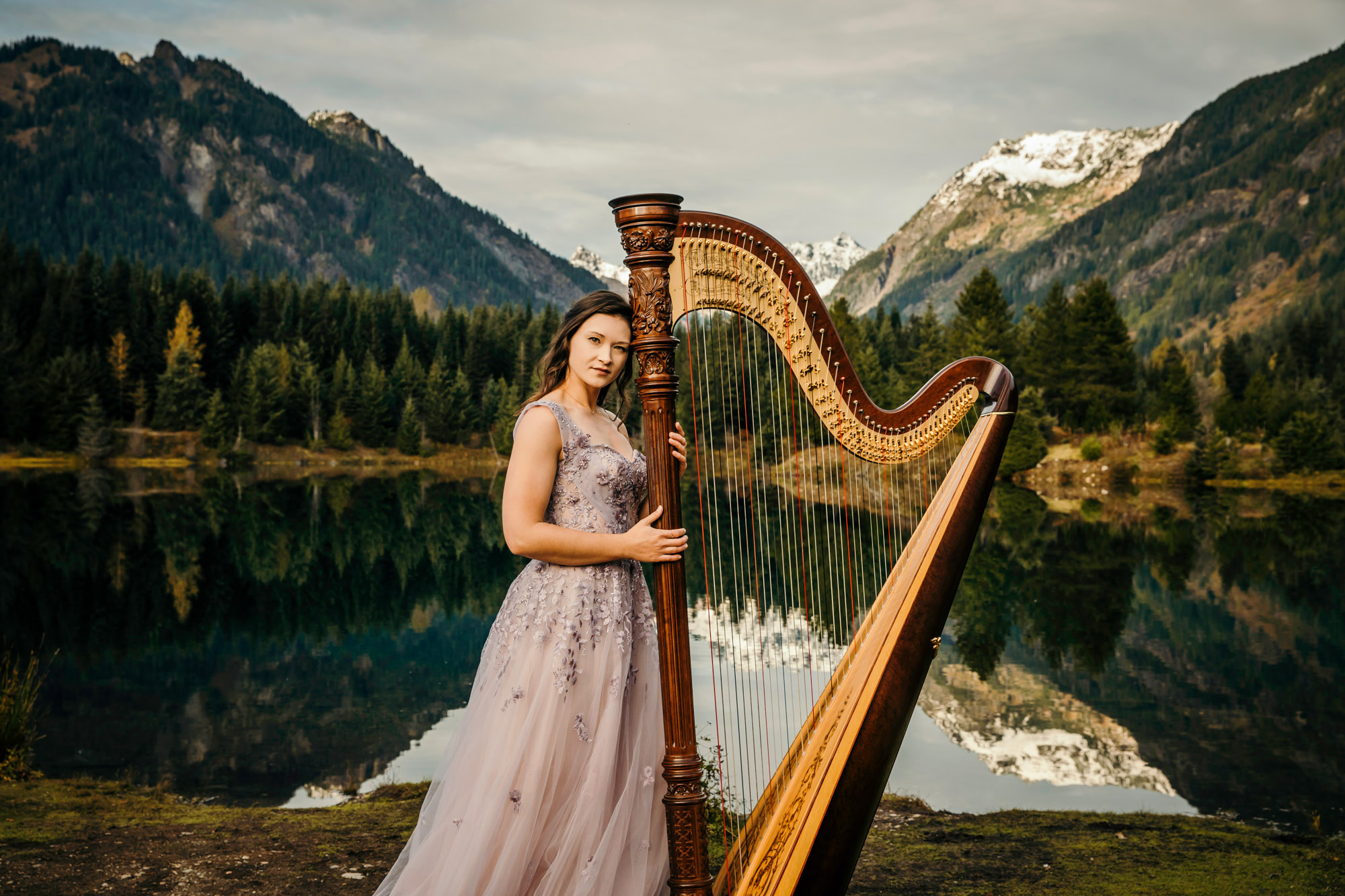 Portrait of a harpist in the Cascade Mountains by Seattle portrait photographer James Thomas Long Photography