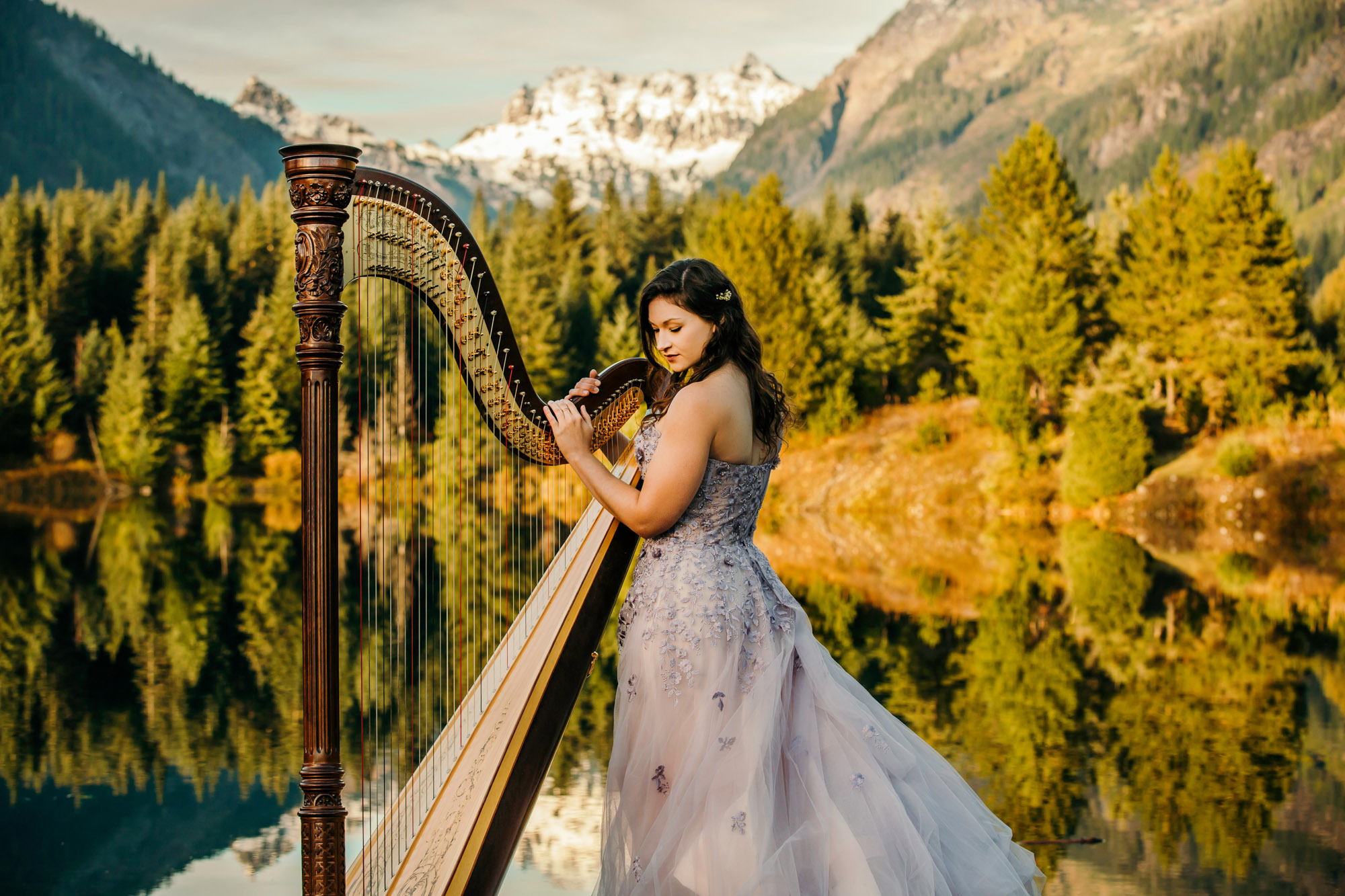 Portrait of a harpist in the Cascade Mountains by Seattle portrait photographer James Thomas Long Photography