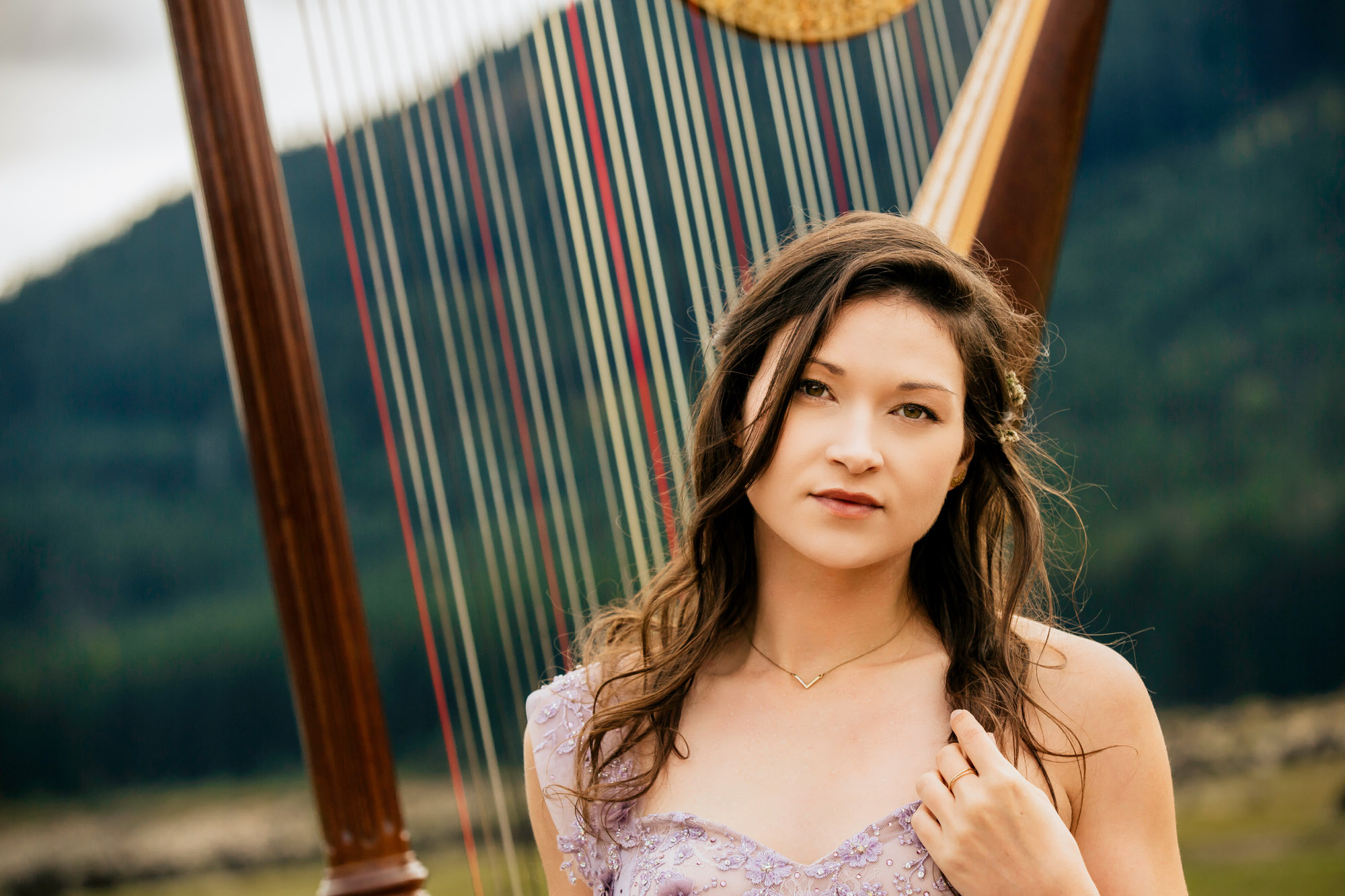 Portrait of a harpist in the Cascade Mountains by Seattle portrait photographer James Thomas Long Photography