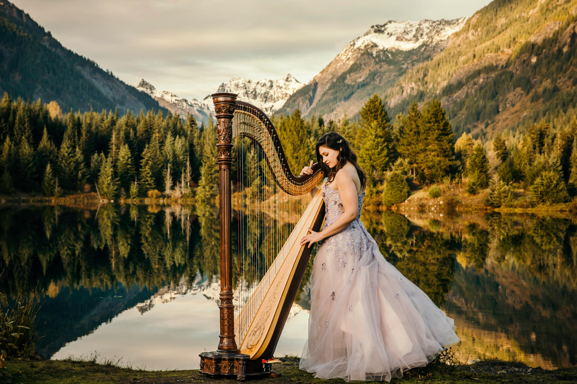 Portrait of a harpist in the Cascade Mountains by Seattle portrait photographer James Thomas Long Photography