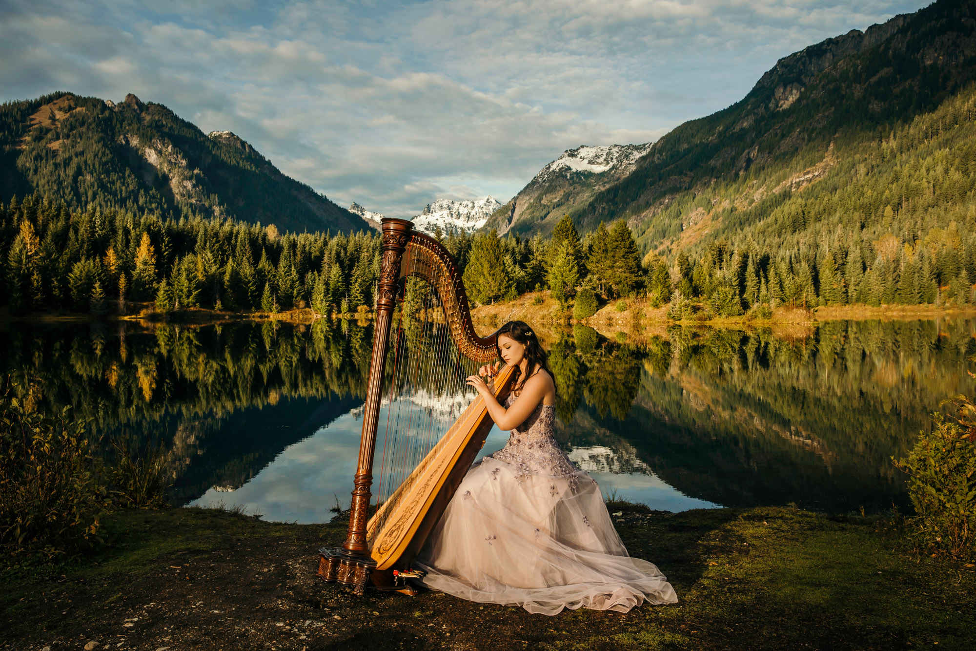 Portrait of a harpist in the Cascade Mountains by Seattle portrait photographer James Thomas Long Photography