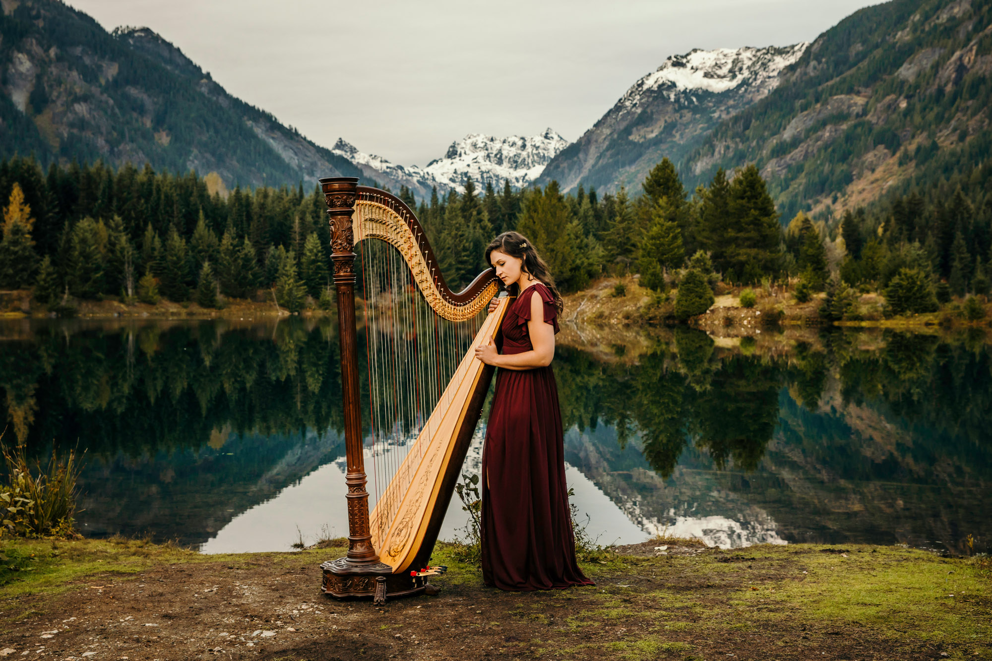 Portrait of a harpist in the Cascade Mountains by Seattle portrait photographer James Thomas Long Photography