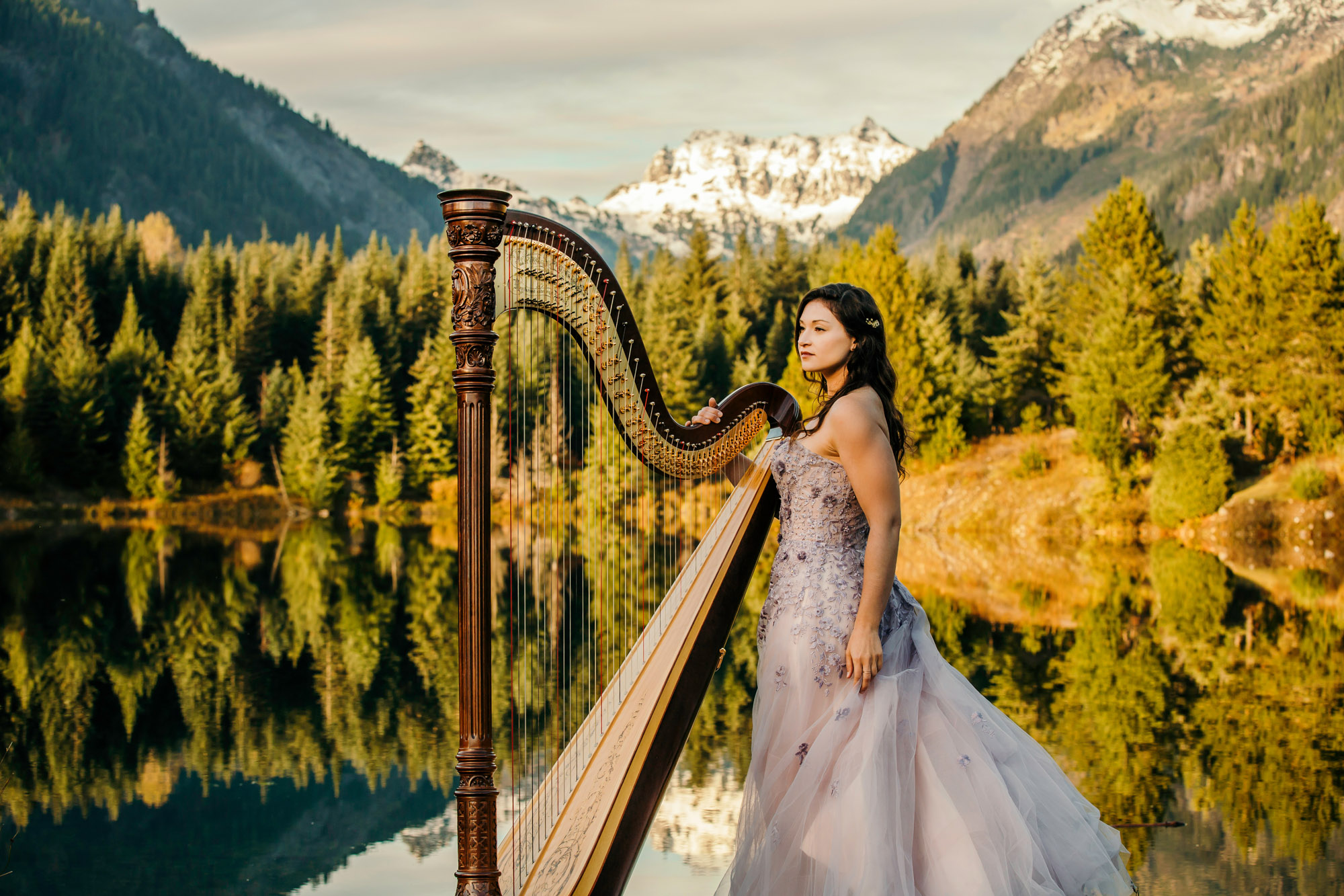 Portrait of a harpist in the Cascade Mountains by Seattle portrait photographer James Thomas Long Photography