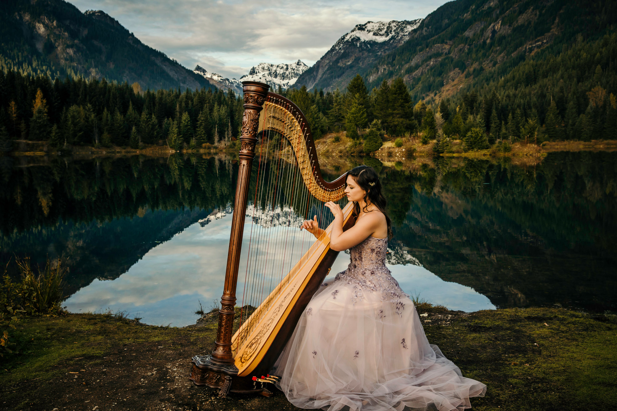 Portrait of a harpist in the Cascade Mountains by Seattle portrait photographer James Thomas Long Photography