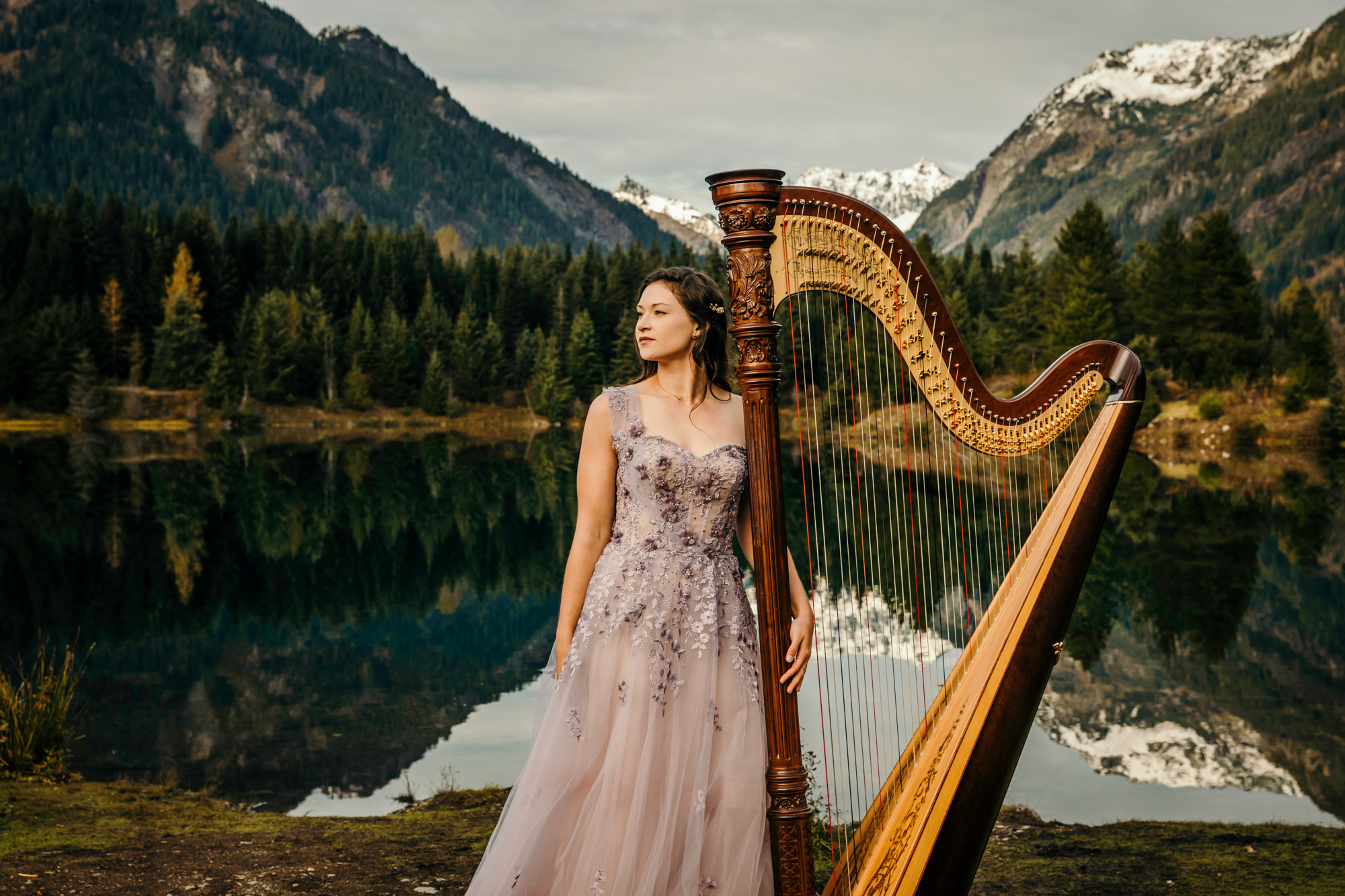 Portrait of a harpist in the Cascade Mountains by Seattle portrait photographer James Thomas Long Photography