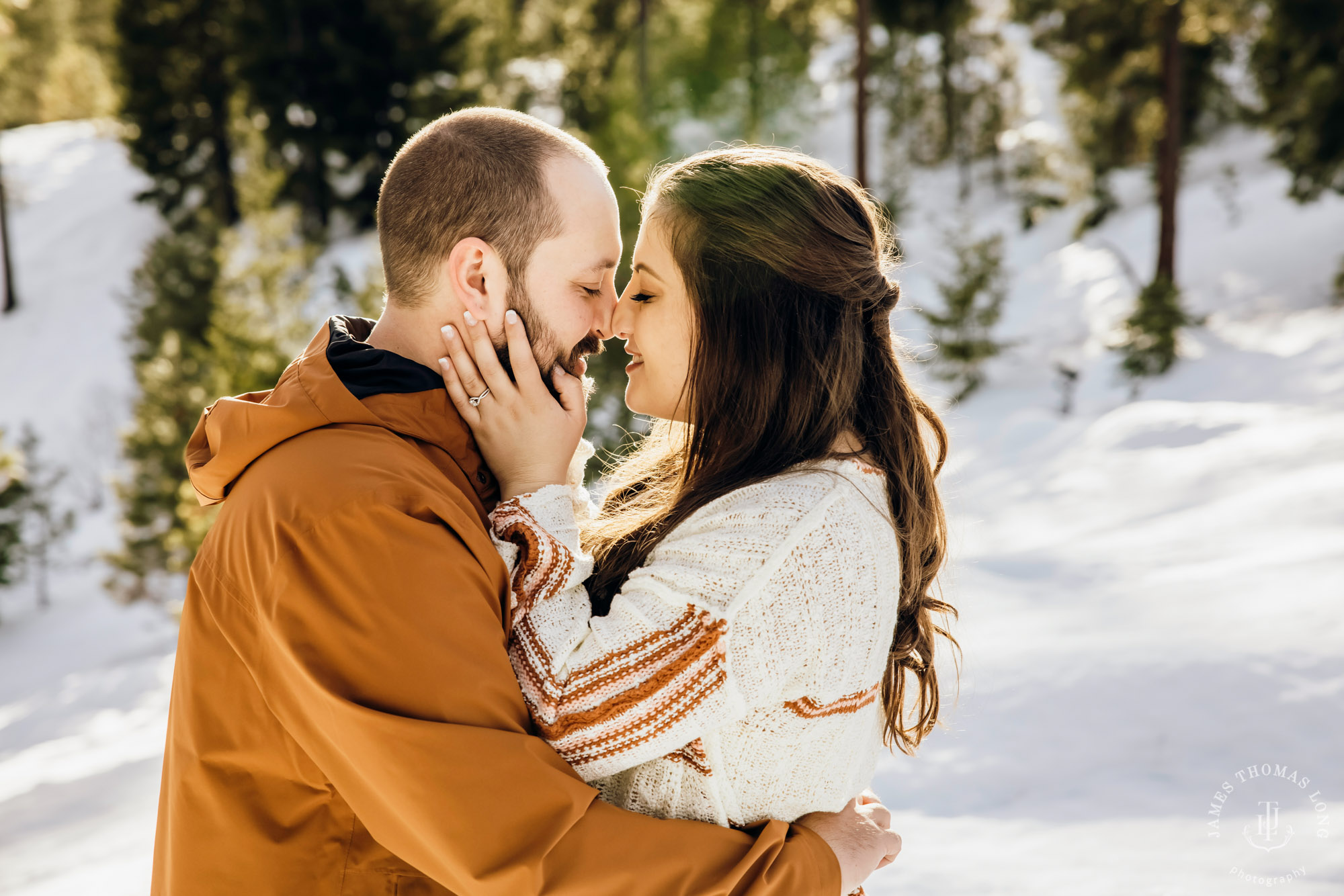 Cascade Mountain adventure engagement session in the snow by Snoqualmie wedding photographer James Thomas Long Photography