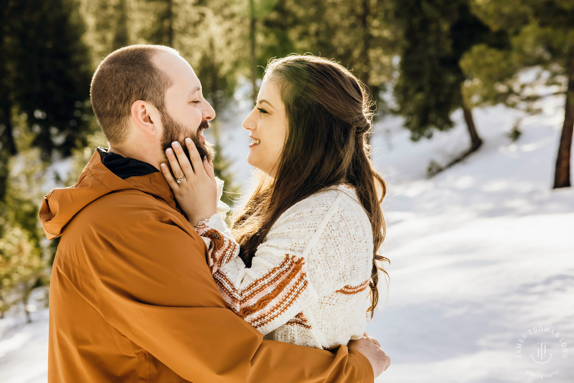 Cascade Mountain adventure engagement session in the snow by Snoqualmie wedding photographer James Thomas Long Photography