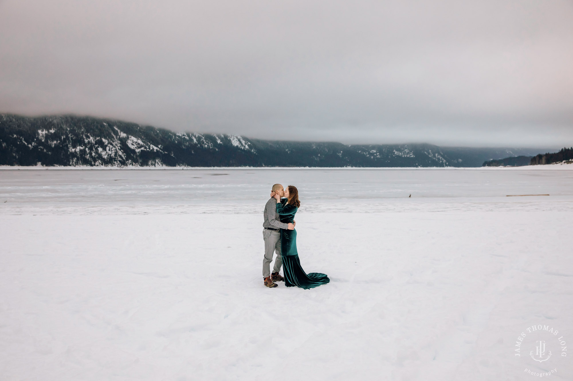 Cascade Mountain snowshoeing adventure engagement session in the snow by Snoqualmie wedding photographer James Thomas Long Photography