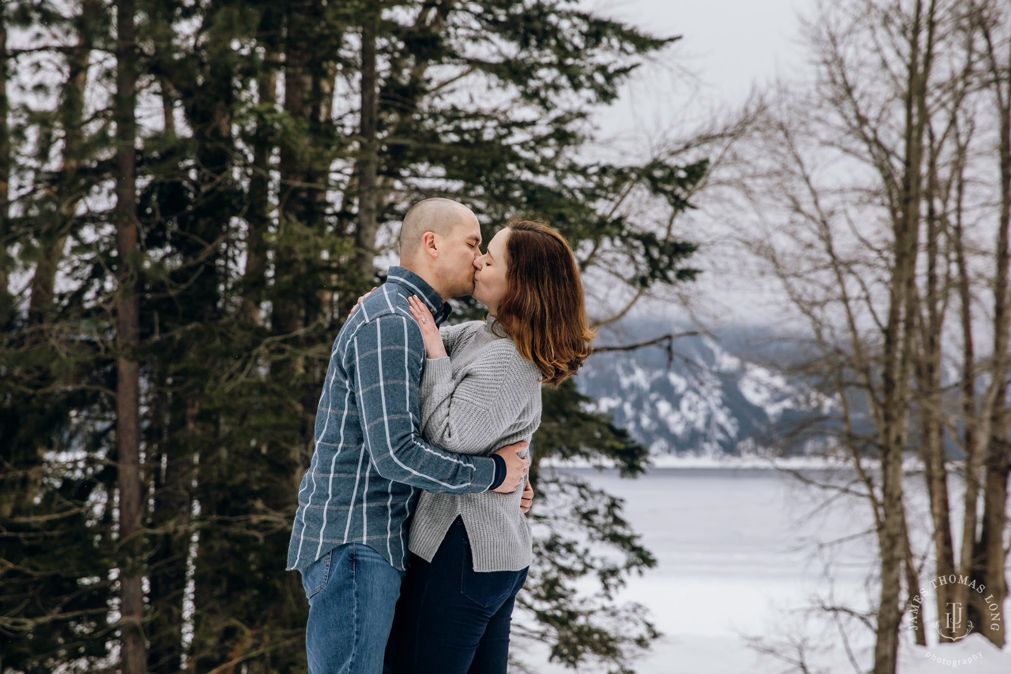 Cascade Mountain snowshoeing adventure engagement session in the snow by Snoqualmie wedding photographer James Thomas Long Photography