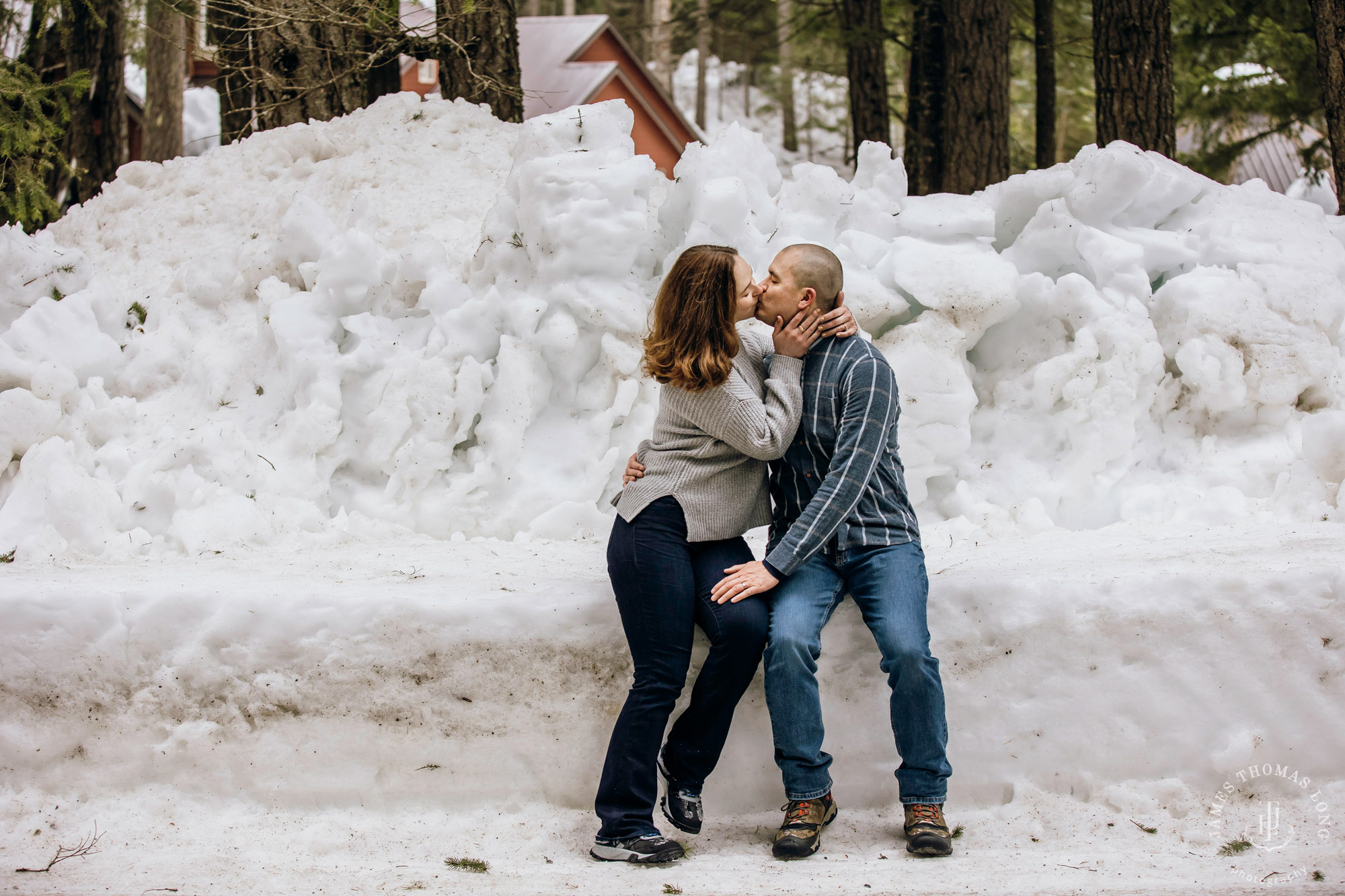 Cascade Mountain snowshoeing adventure engagement session in the snow by Snoqualmie wedding photographer James Thomas Long Photography