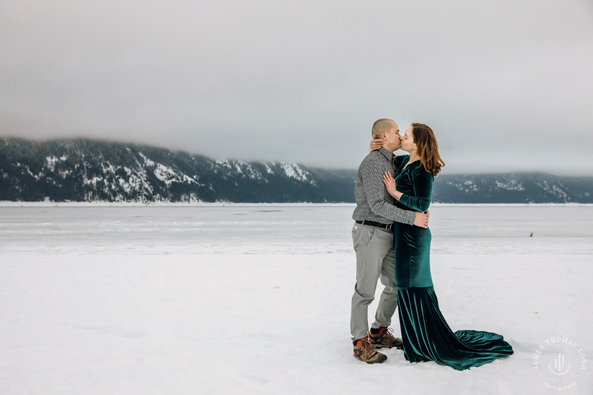 Cascade Mountain snowshoeing adventure engagement session in the snow by Snoqualmie wedding photographer James Thomas Long Photography