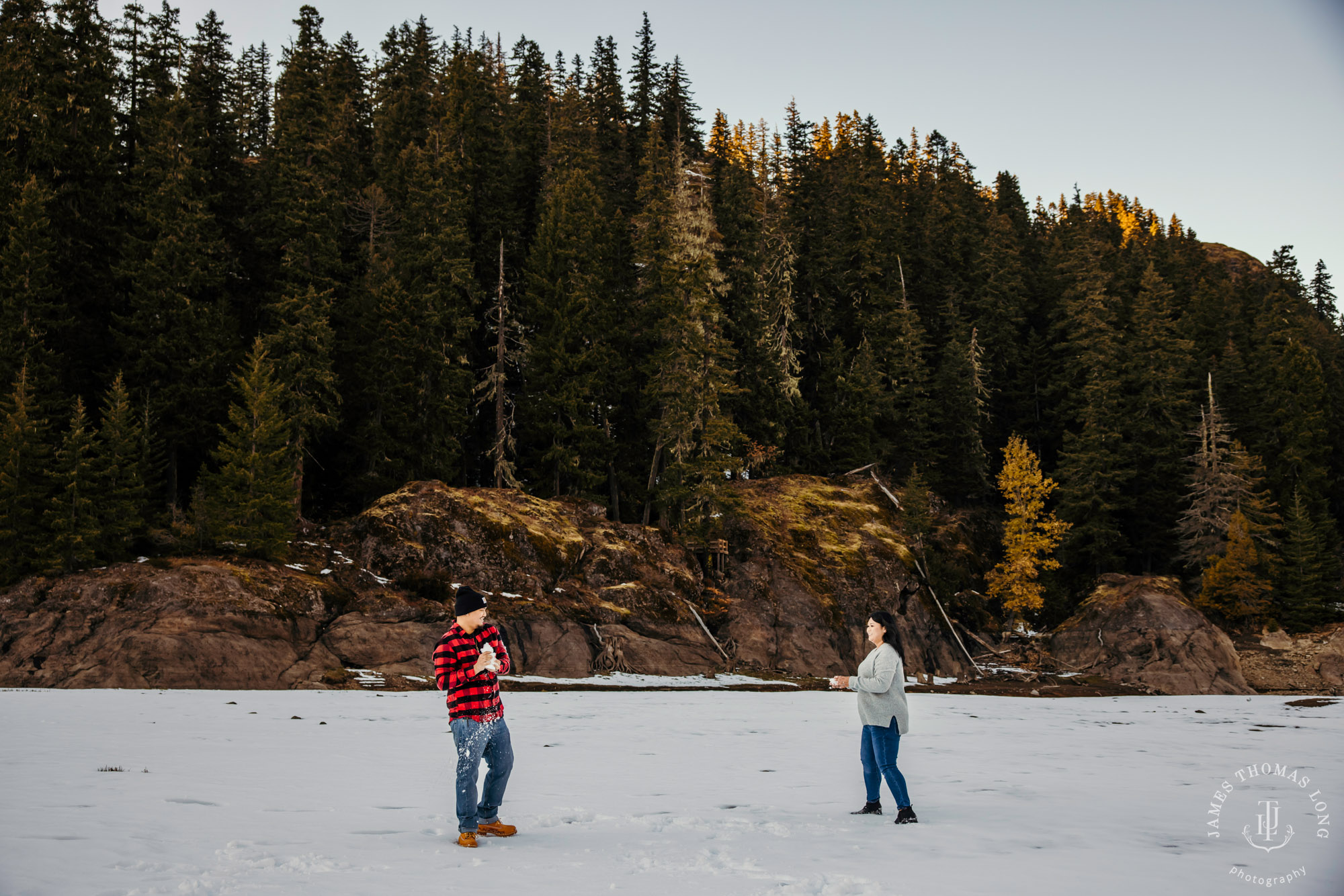 Adventure engagement session in the snow by Seattle adventure wedding photographer James Thomas Long Photography