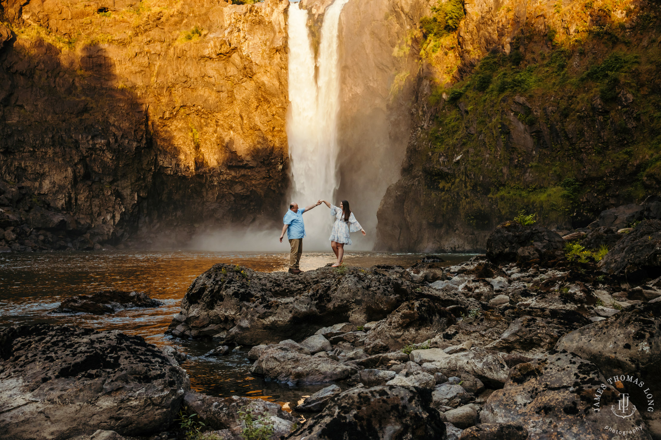 Snoqualmie Falls adventure engagement session by adventure elopement photographer James Thomas Long Photography