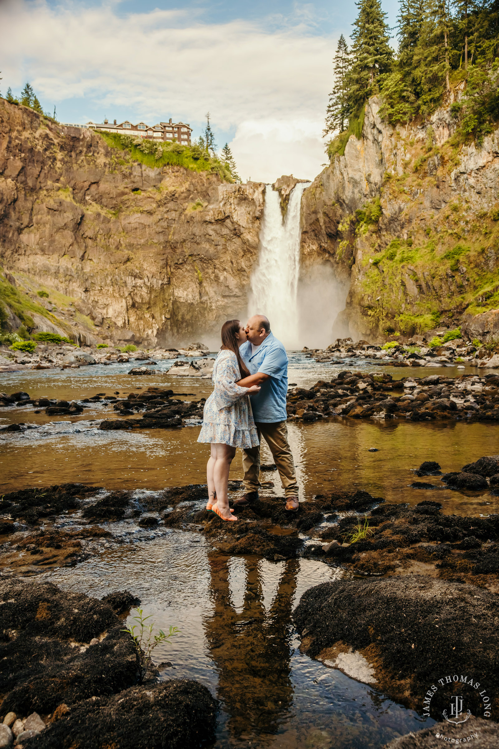 Snoqualmie Falls adventure engagement session by adventure elopement photographer James Thomas Long Photography