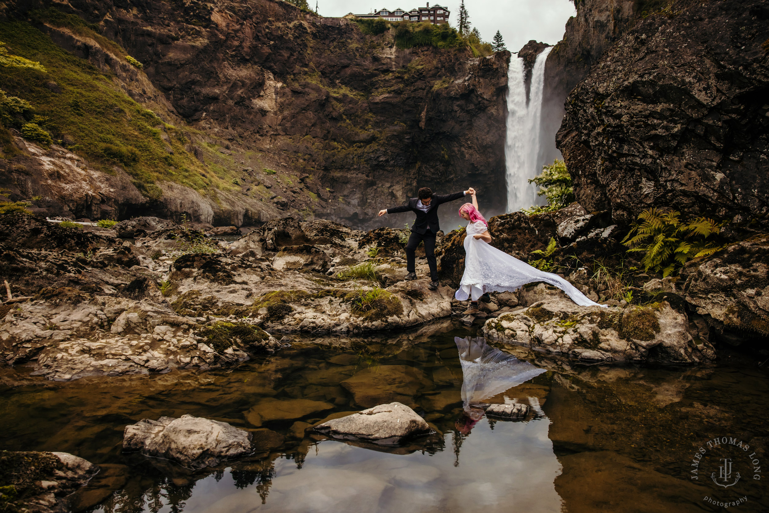 Snoqualmie Falls Salish Lodge wedding by Snoqualmie adventure wedding photographer James Thomas Long Photography