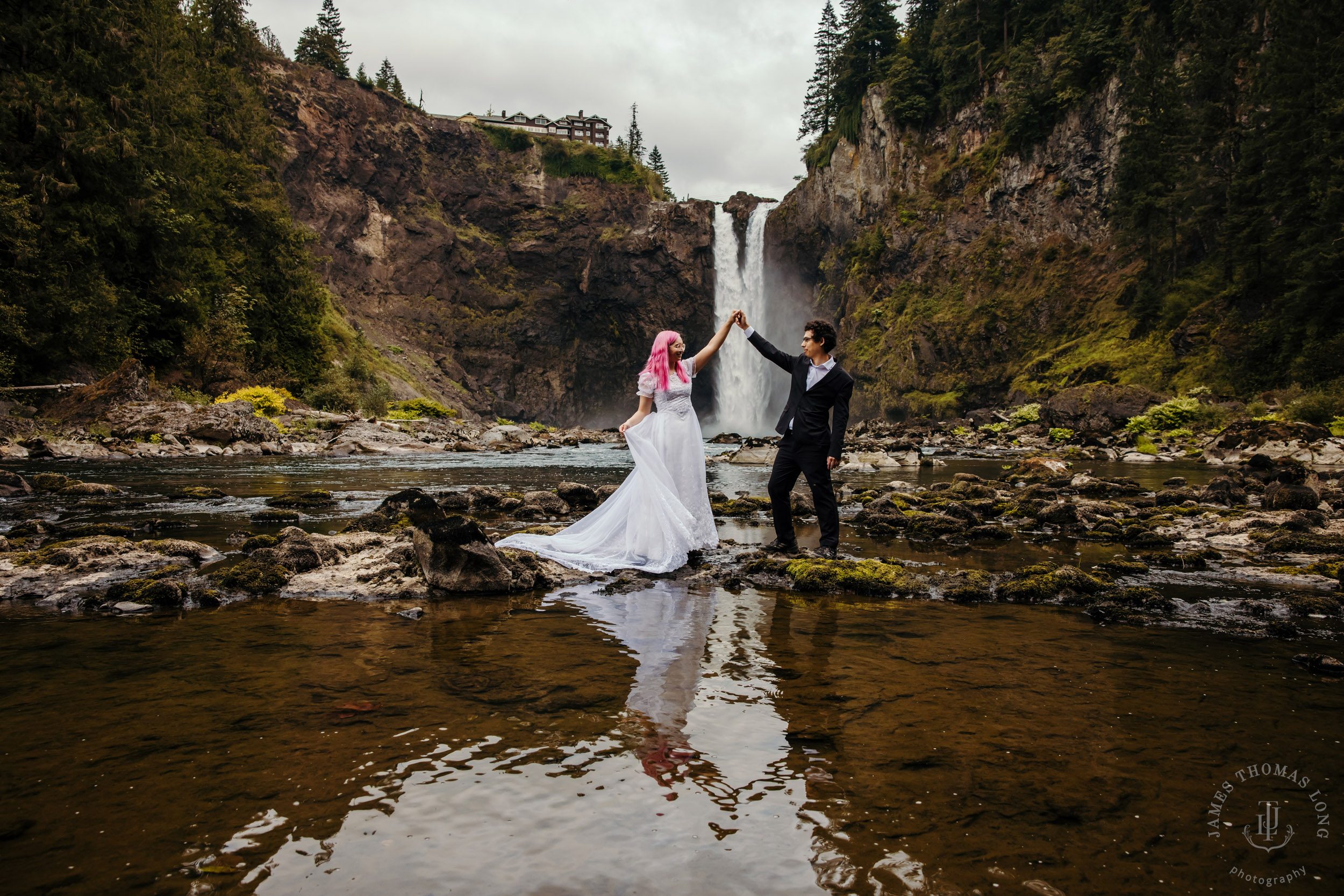 Snoqualmie Falls Salish Lodge wedding by Snoqualmie adventure wedding photographer James Thomas Long Photography