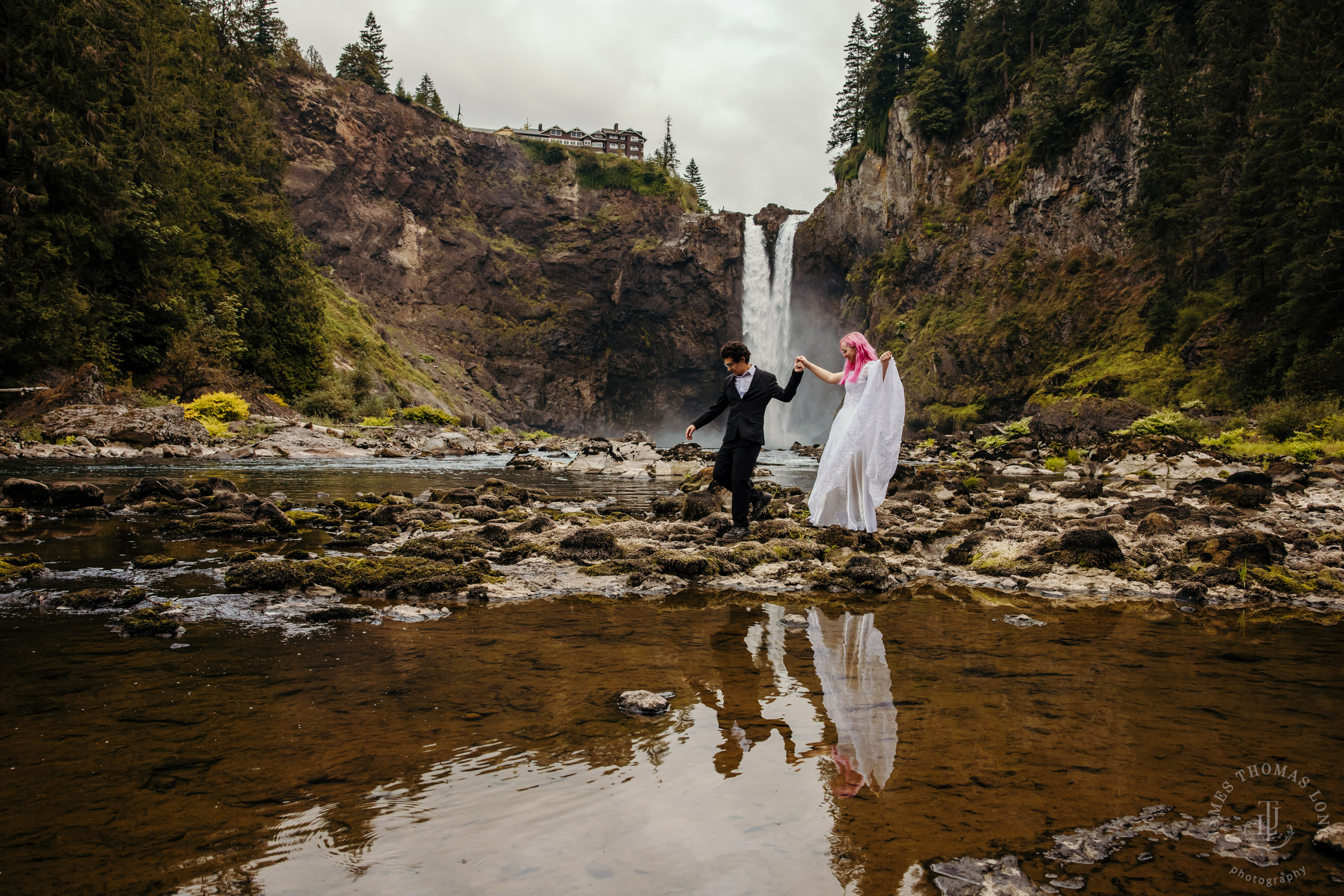 Snoqualmie Falls Salish Lodge wedding by Snoqualmie adventure wedding photographer James Thomas Long Photography