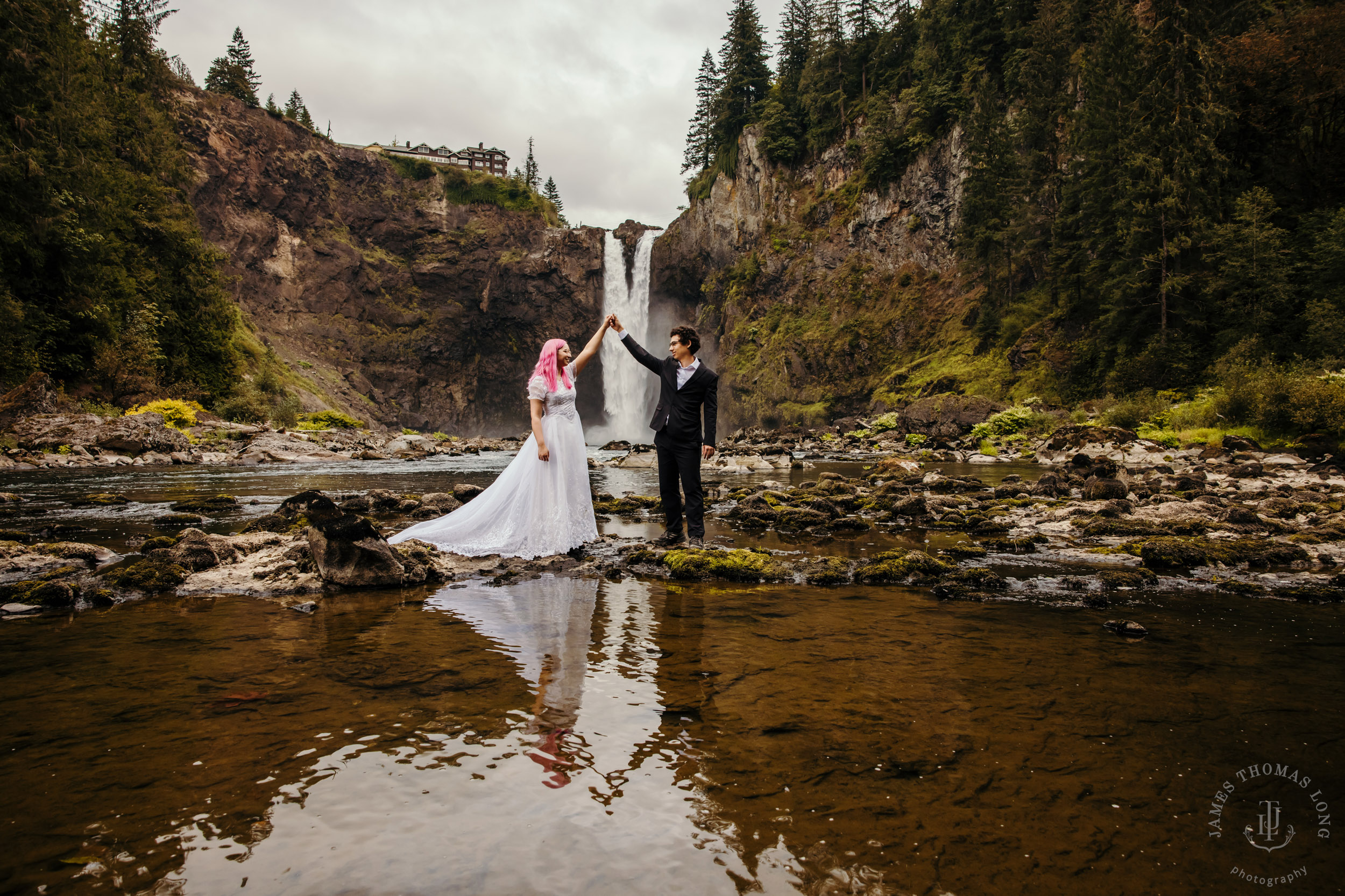 Snoqualmie Falls Salish Lodge wedding by Snoqualmie adventure wedding photographer James Thomas Long Photography