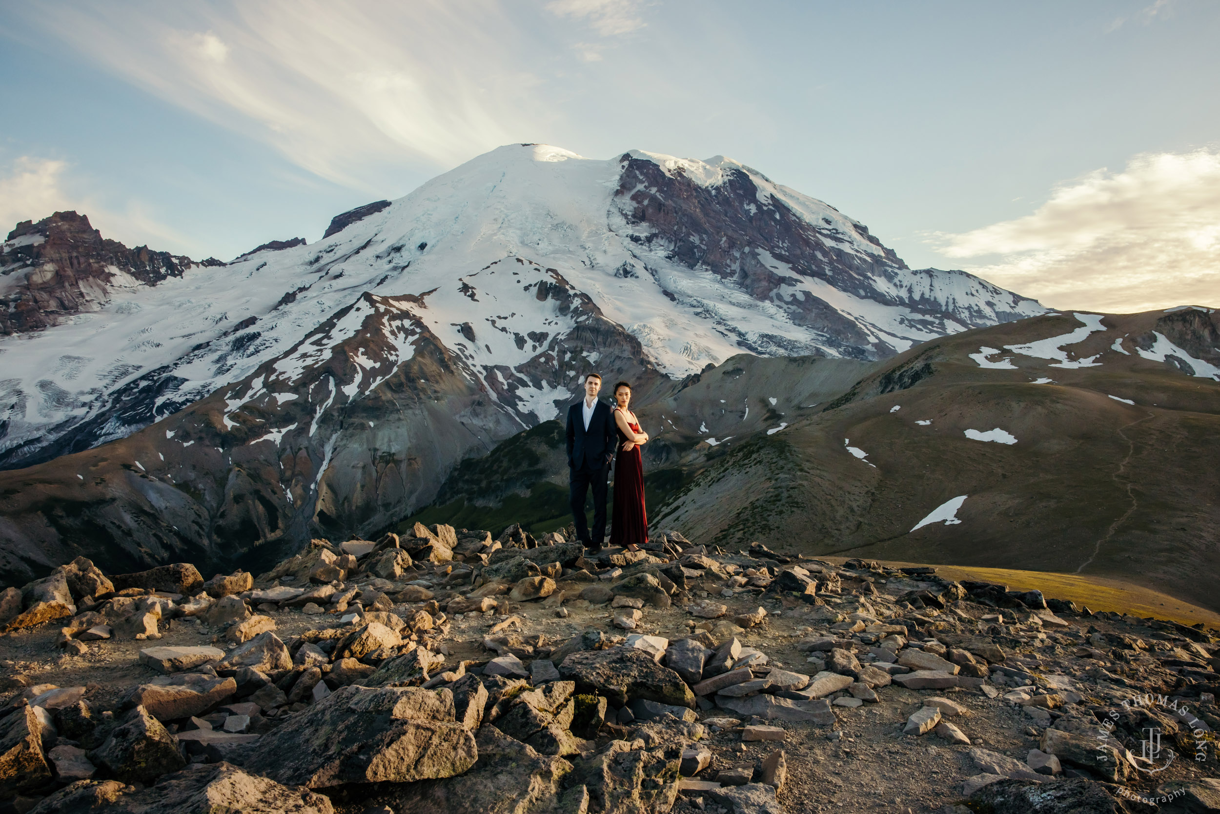 Mount Rainier adventure engagement session by Seattle adventure elopement photographer James Thomas Long Photography